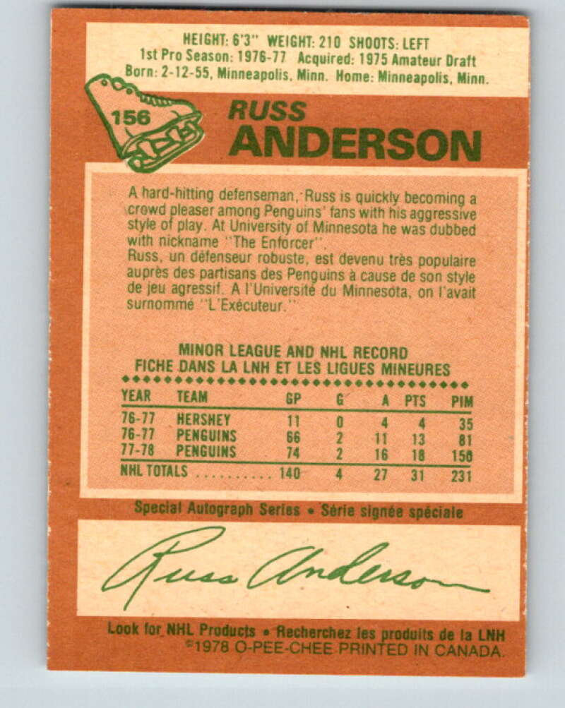 1978-79 O-Pee-Chee #156 Russ Anderson RC Rookie Penguins V23090