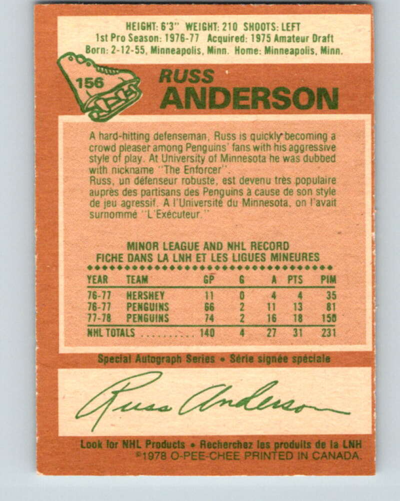 1978-79 O-Pee-Chee #156 Russ Anderson RC Rookie Penguins V23091
