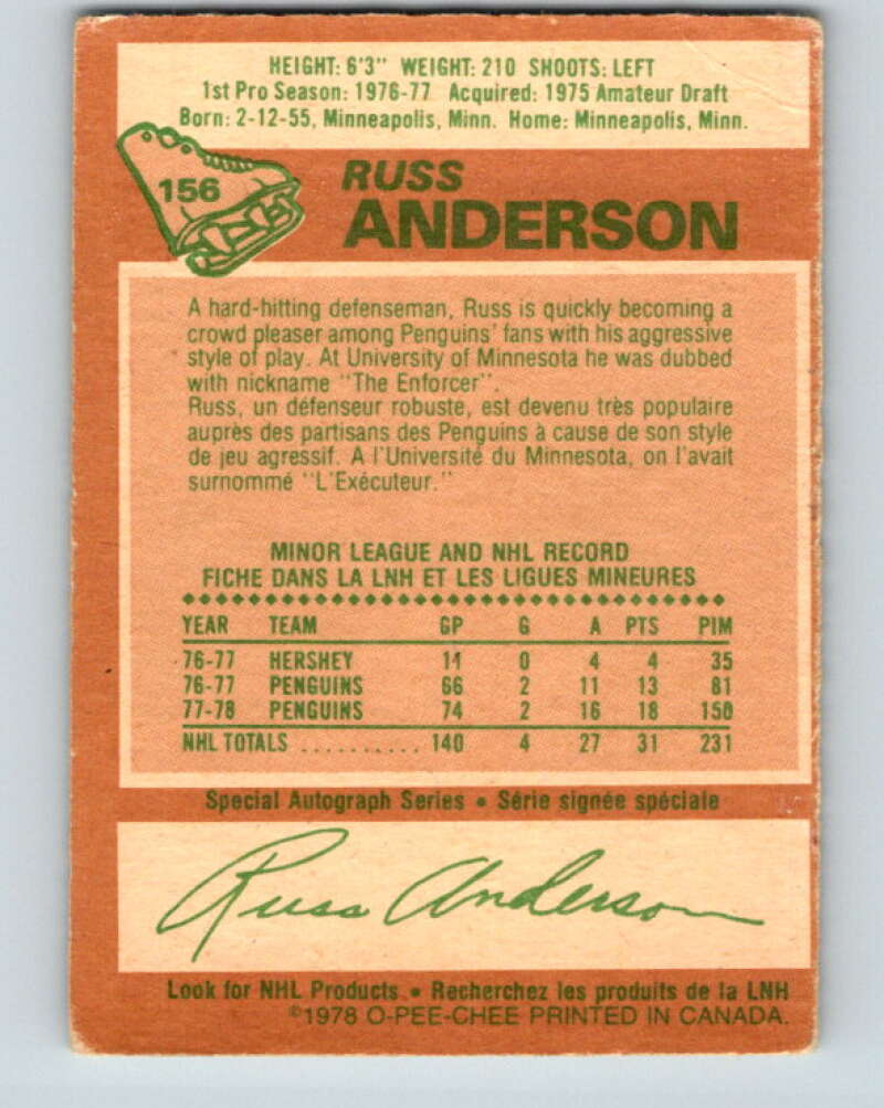 1978-79 O-Pee-Chee #156 Russ Anderson RC Rookie Penguins V23092