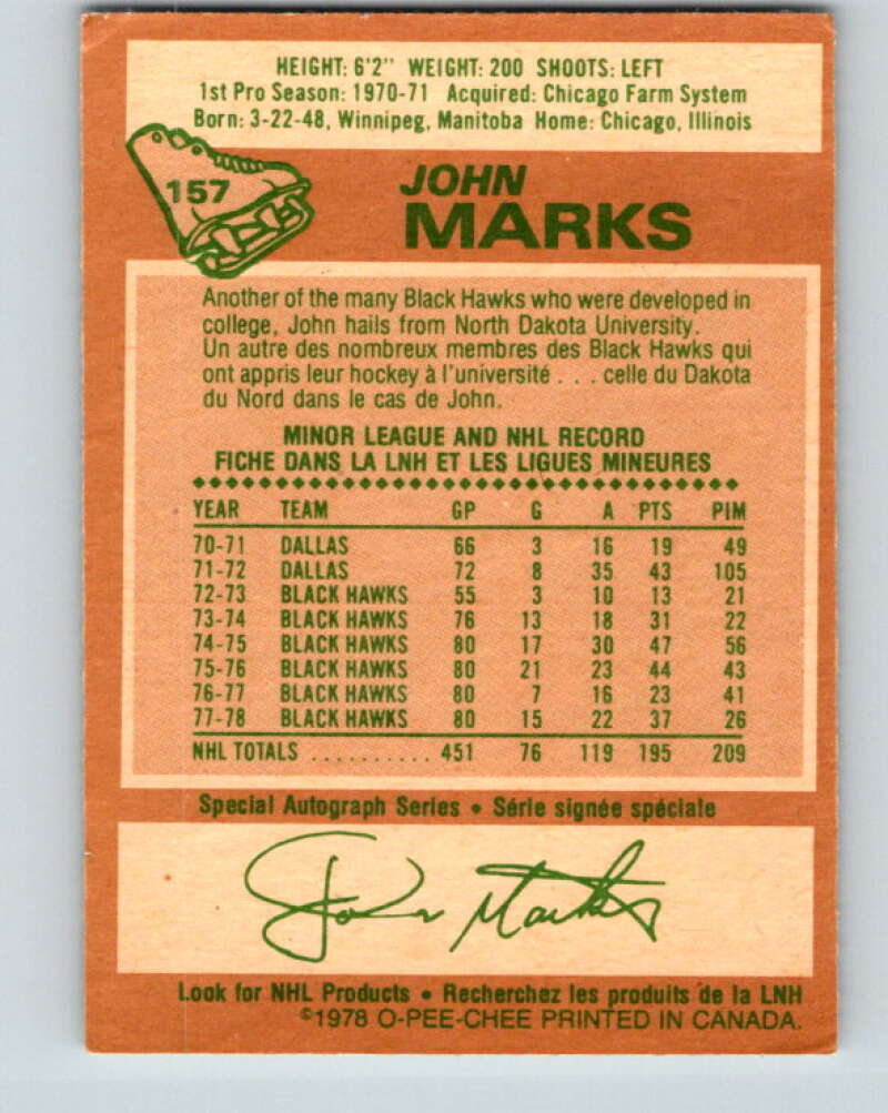 1978-79 O-Pee-Chee #157 John Marks Chicago Blackhawks V23095