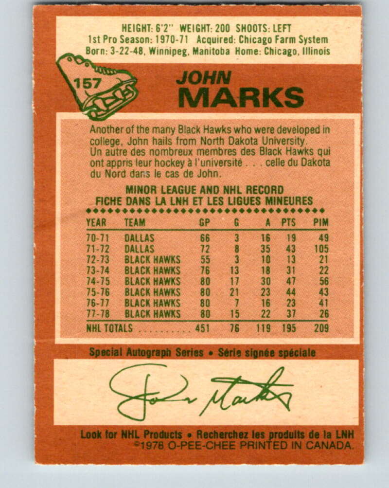 1978-79 O-Pee-Chee #157 John Marks Chicago Blackhawks V23101