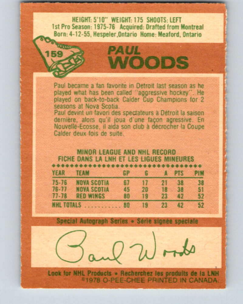 1978-79 O-Pee-Chee #159 Paul Woods RC Rookie Red Wings V23118