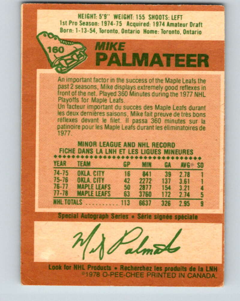 1978-79 O-Pee-Chee #160 Mike Palmateer Toronto Maple Leafs V23125