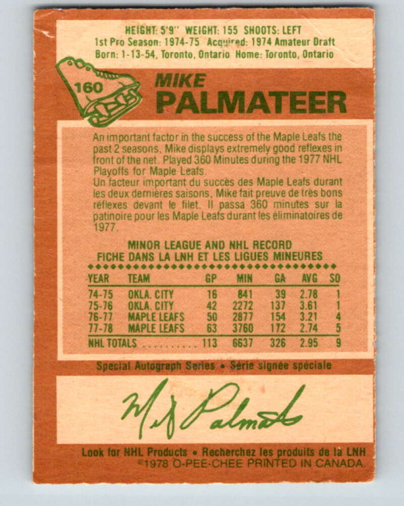 1978-79 O-Pee-Chee #160 Mike Palmateer Toronto Maple Leafs V23126