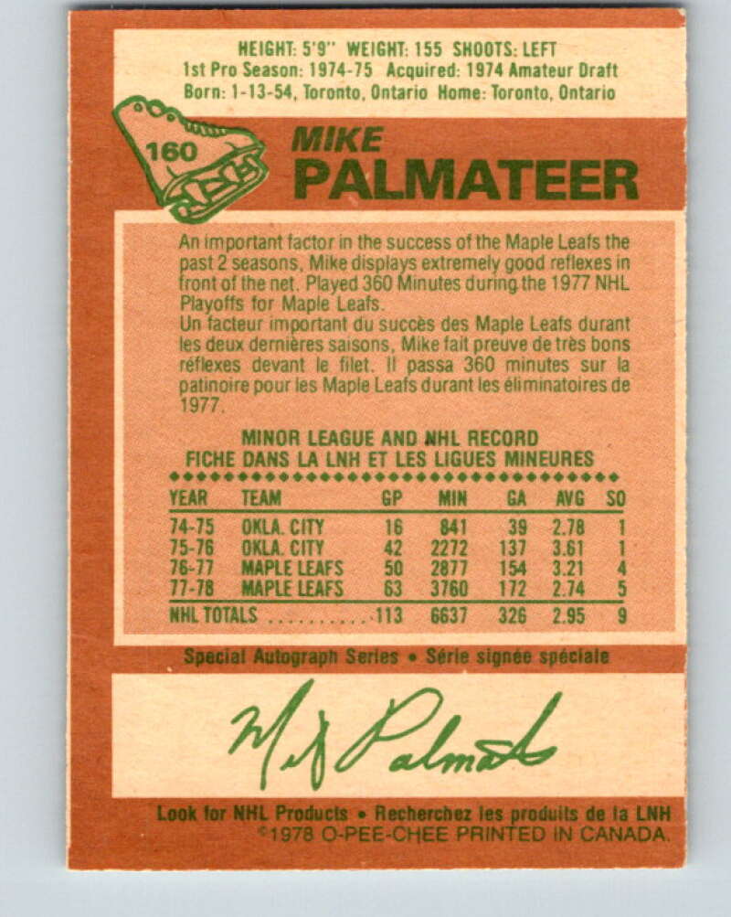 1978-79 O-Pee-Chee #160 Mike Palmateer Toronto Maple Leafs V23130