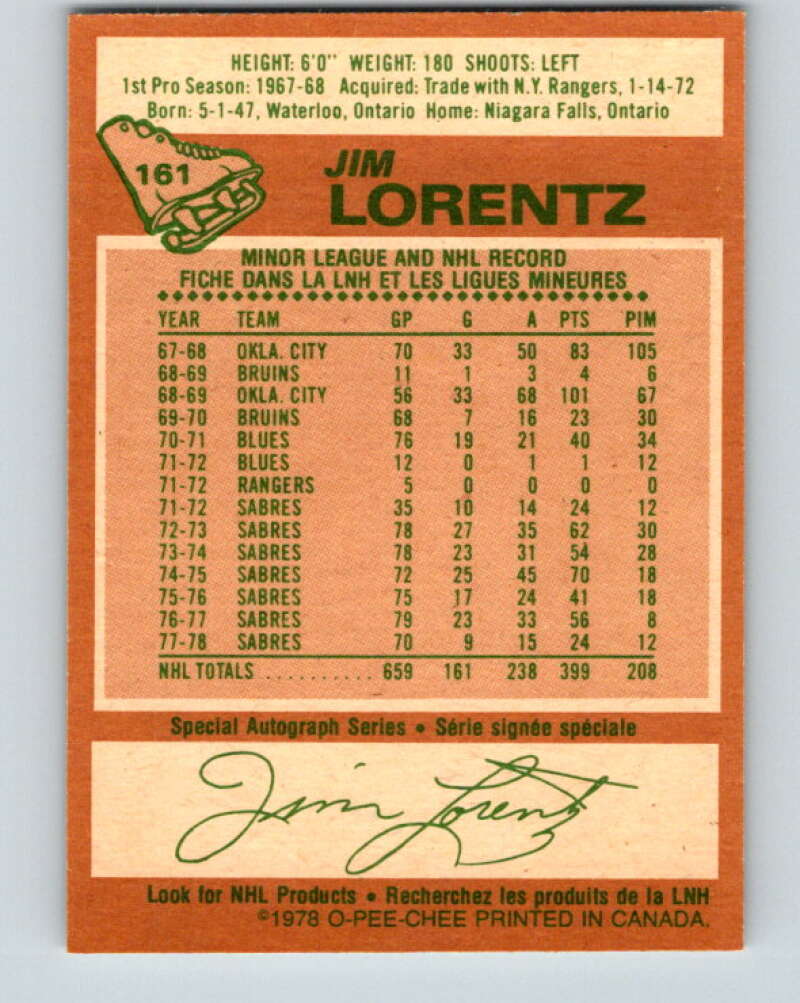 1978-79 O-Pee-Chee #161 Jim Lorentz Buffalo Sabres V23139