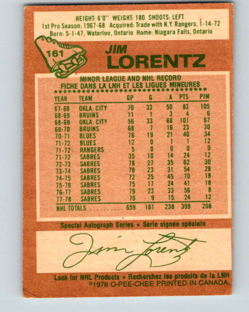 1978-79 O-Pee-Chee #161 Jim Lorentz Buffalo Sabres V23141