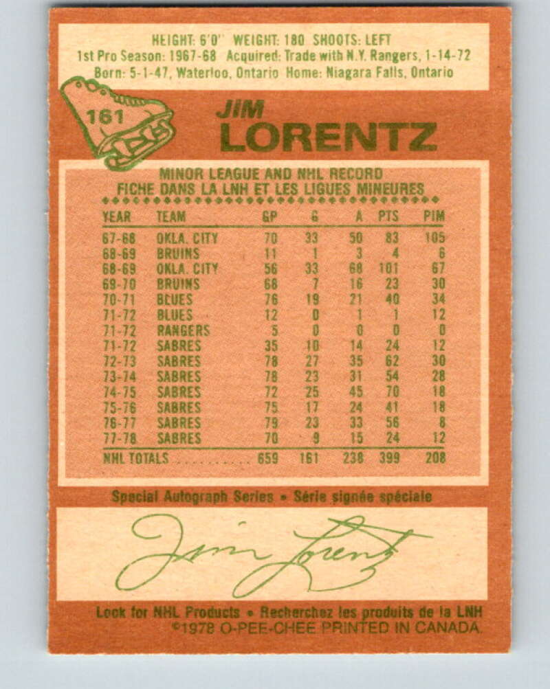 1978-79 O-Pee-Chee #161 Jim Lorentz Buffalo Sabres V23142
