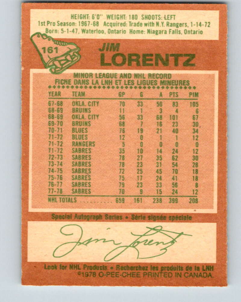 1978-79 O-Pee-Chee #161 Jim Lorentz Buffalo Sabres V23143