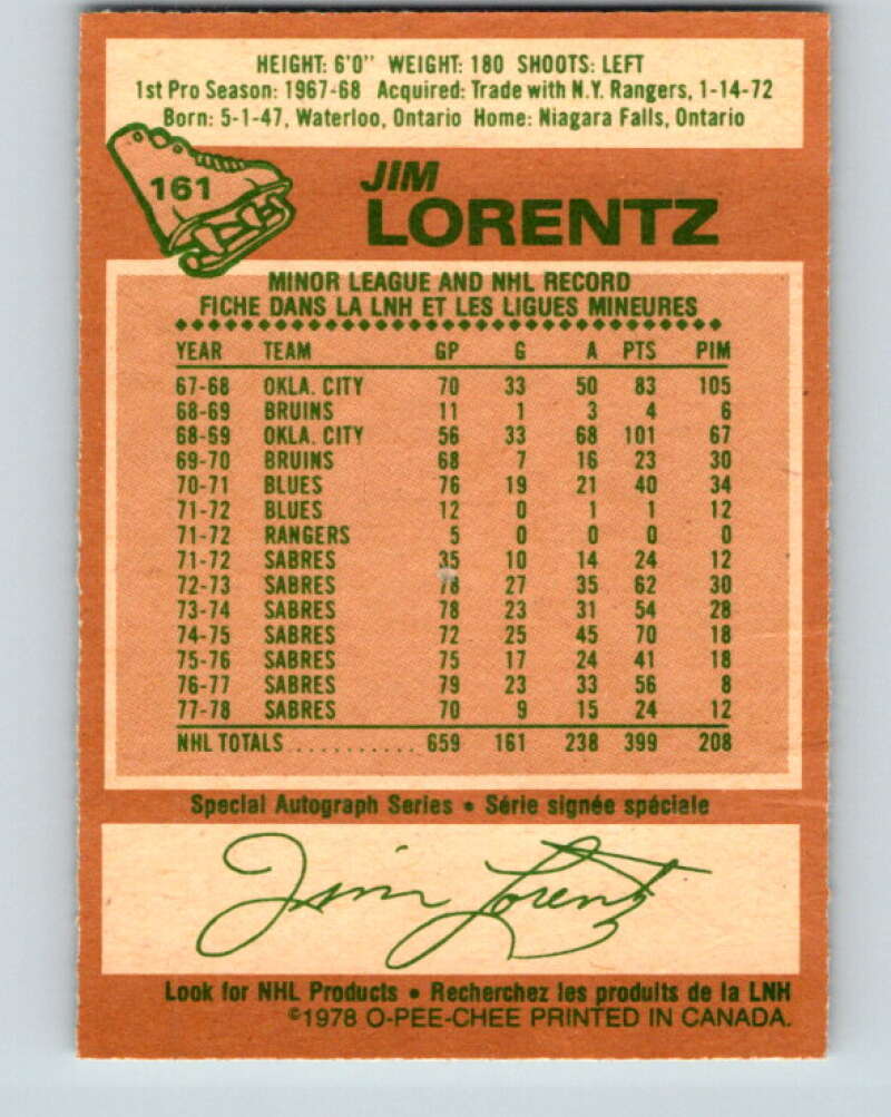 1978-79 O-Pee-Chee #161 Jim Lorentz Buffalo Sabres V23144