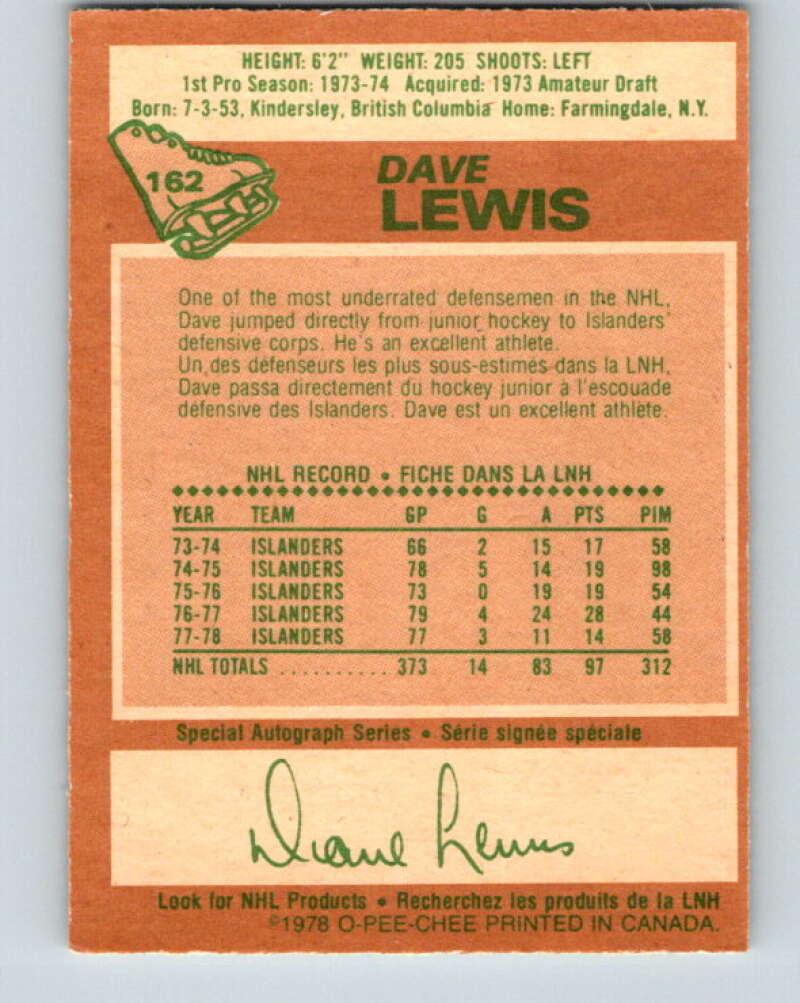 1978-79 O-Pee-Chee #162 Dave Lewis New York Islanders V23146