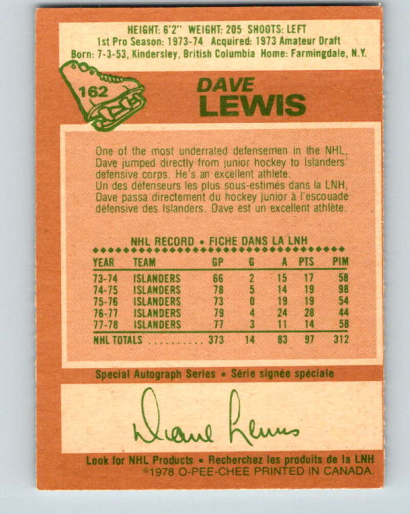 1978-79 O-Pee-Chee #162 Dave Lewis New York Islanders V23147