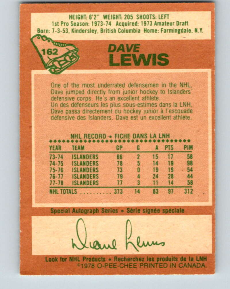 1978-79 O-Pee-Chee #162 Dave Lewis New York Islanders V23150