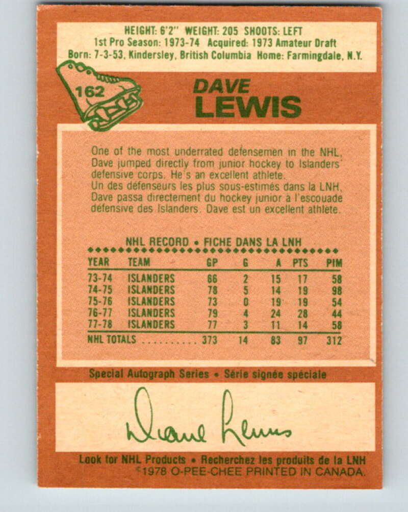 1978-79 O-Pee-Chee #162 Dave Lewis New York Islanders V23155