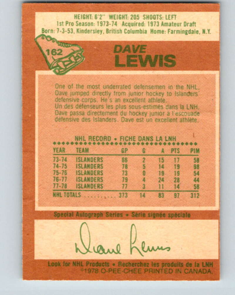 1978-79 O-Pee-Chee #162 Dave Lewis New York Islanders V23156