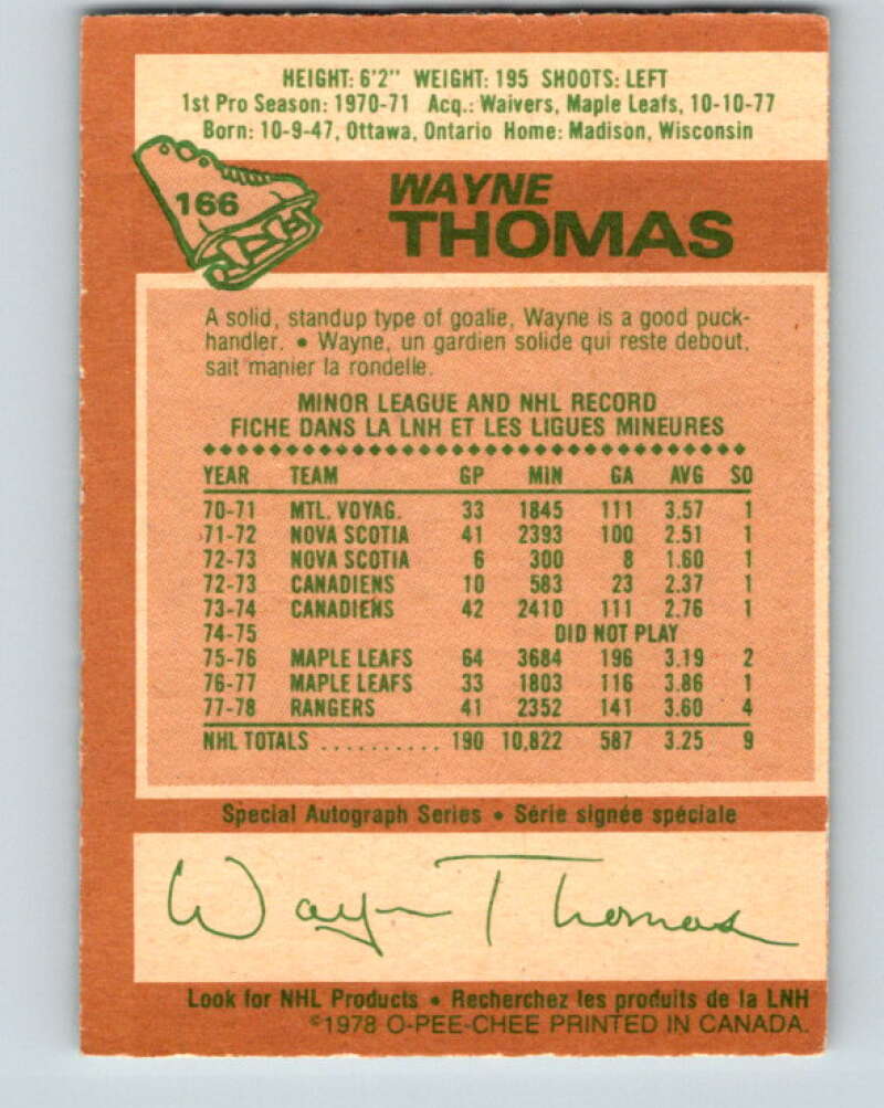 1978-79 O-Pee-Chee #166 Wayne Thomas New York Rangers V23206