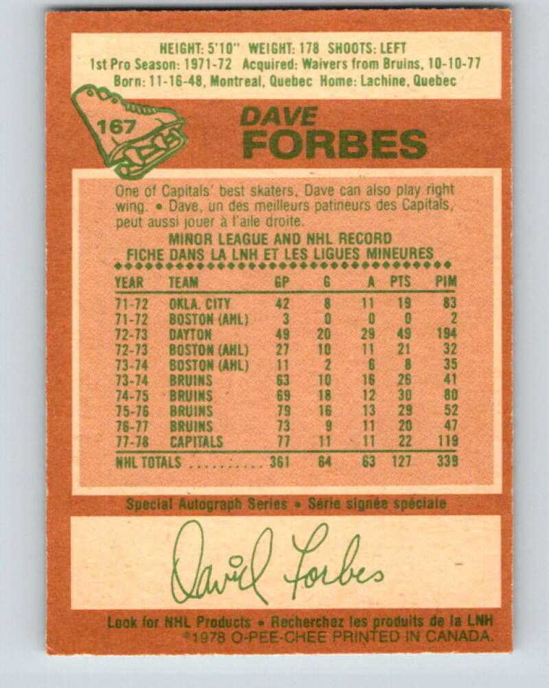 1978-79 O-Pee-Chee #167 Dave Forbes Washington Capitals V23211