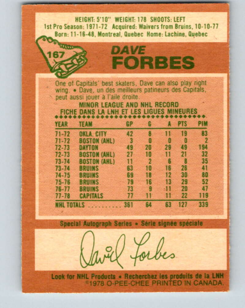 1978-79 O-Pee-Chee #167 Dave Forbes Washington Capitals V23212