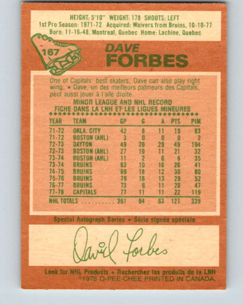 1978-79 O-Pee-Chee #167 Dave Forbes Washington Capitals V23214