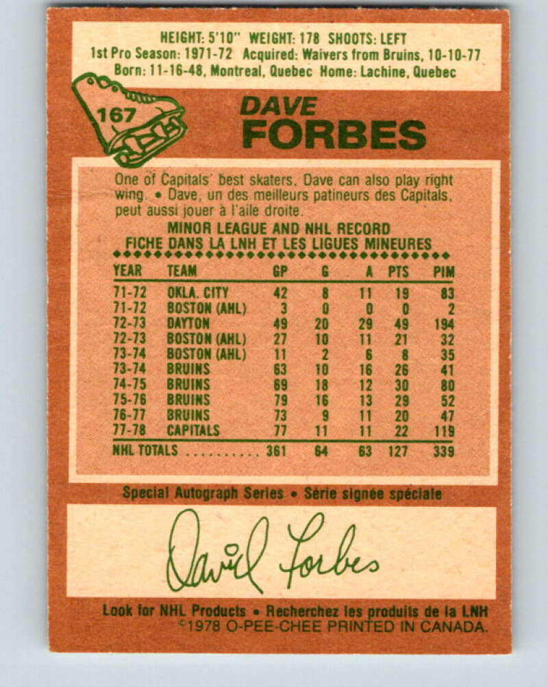 1978-79 O-Pee-Chee #167 Dave Forbes Washington Capitals V23216