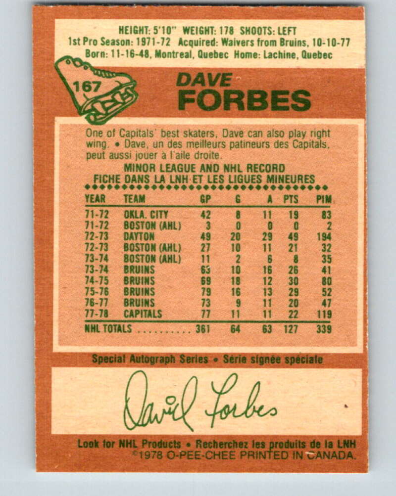 1978-79 O-Pee-Chee #167 Dave Forbes Washington Capitals V23221