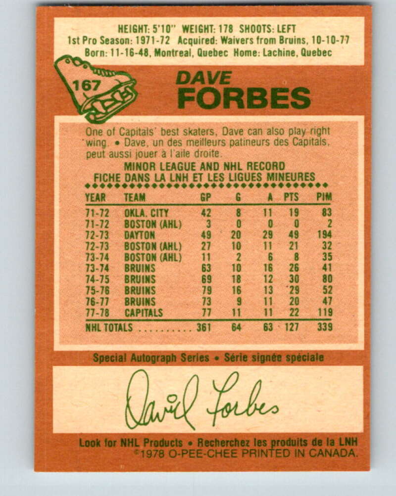 1978-79 O-Pee-Chee #167 Dave Forbes Washington Capitals V23222