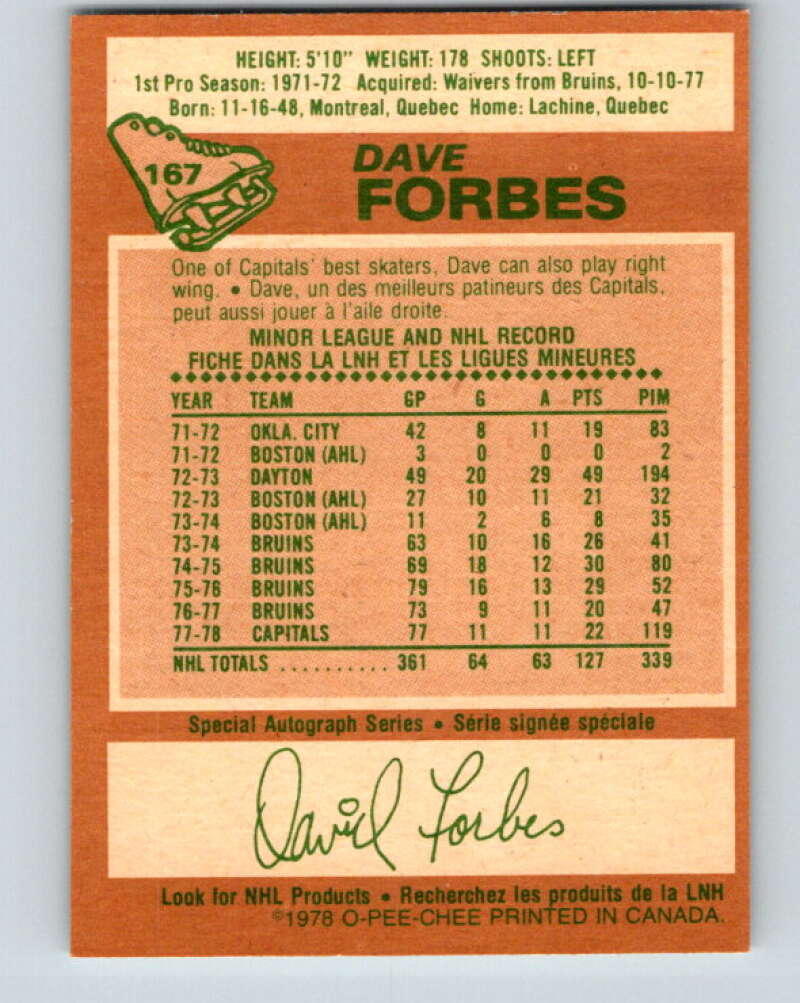 1978-79 O-Pee-Chee #167 Dave Forbes Washington Capitals V23223