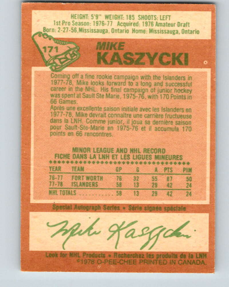 1978-79 O-Pee-Chee #171 Mike Kaszycki RC Rookie Islanders V23264