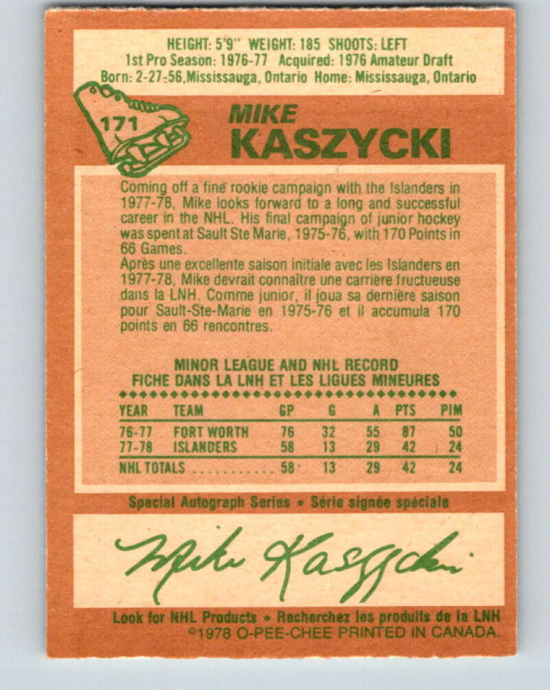 1978-79 O-Pee-Chee #171 Mike Kaszycki RC Rookie Islanders V23265