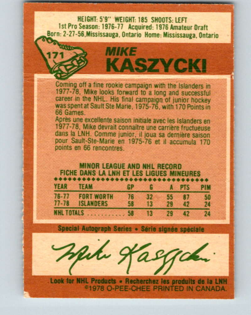1978-79 O-Pee-Chee #171 Mike Kaszycki RC Rookie Islanders V23271