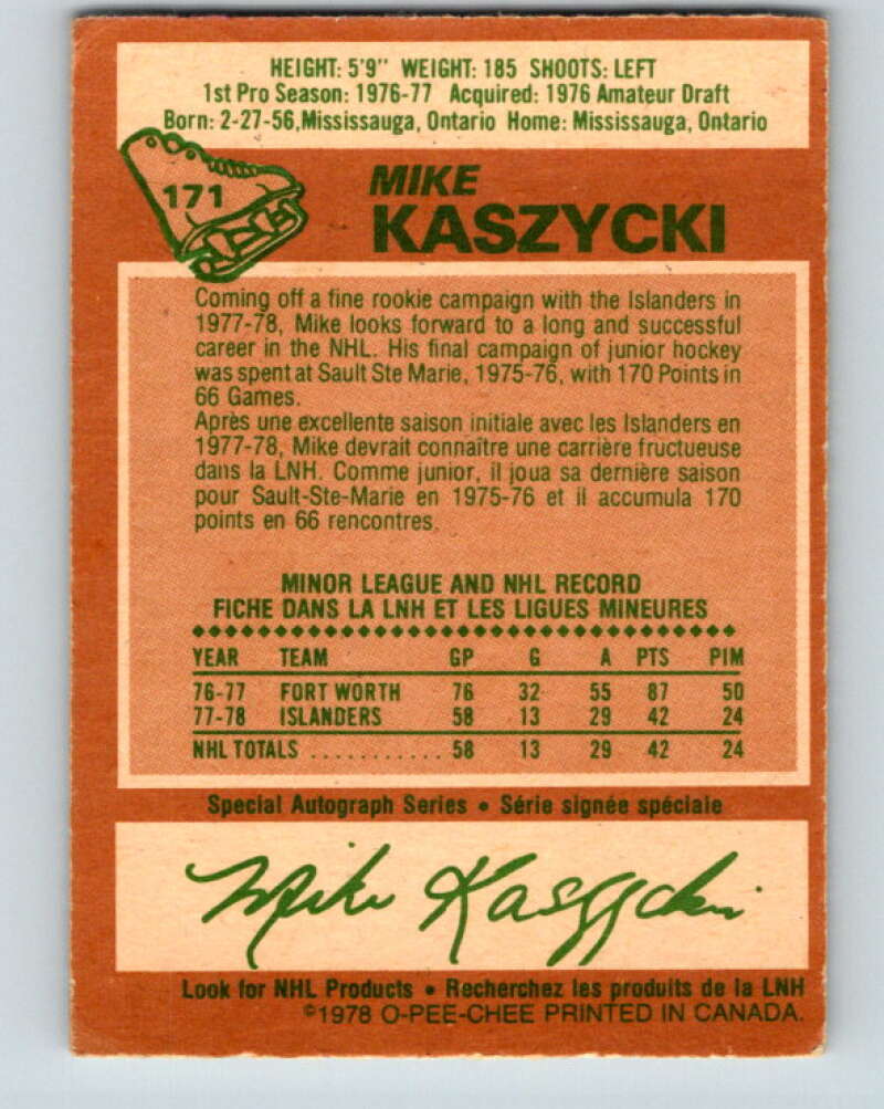 1978-79 O-Pee-Chee #171 Mike Kaszycki RC Rookie Islanders V23273
