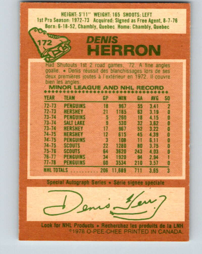 1978-79 O-Pee-Chee #172 Denis Herron Pittsburgh Penguins V23277