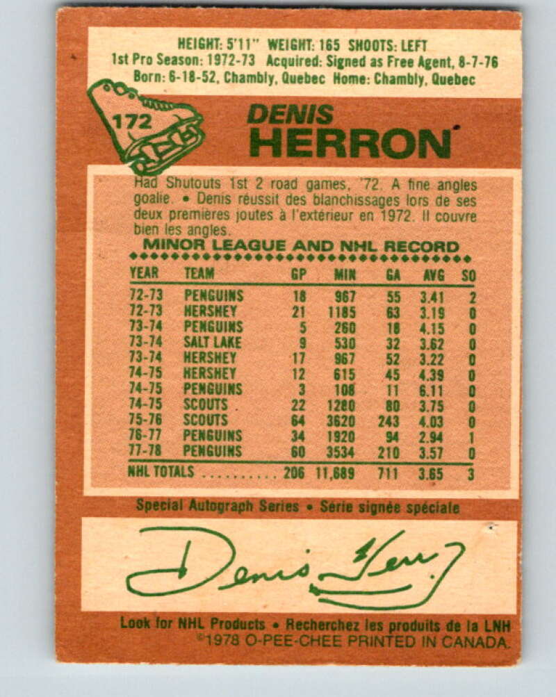 1978-79 O-Pee-Chee #172 Denis Herron Pittsburgh Penguins V23279