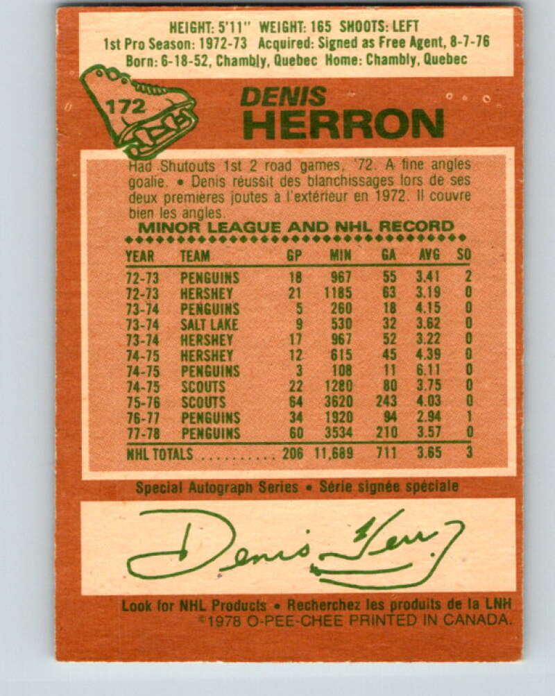 1978-79 O-Pee-Chee #172 Denis Herron Pittsburgh Penguins V23280