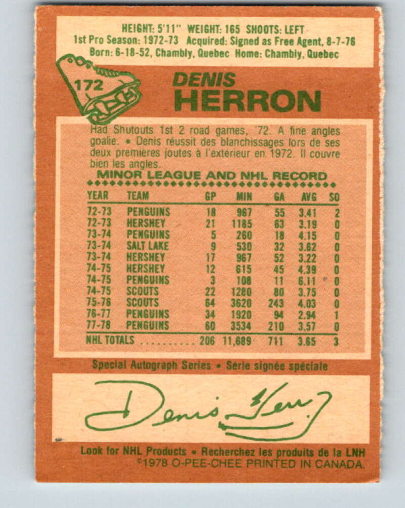 1978-79 O-Pee-Chee #172 Denis Herron Pittsburgh Penguins V23281