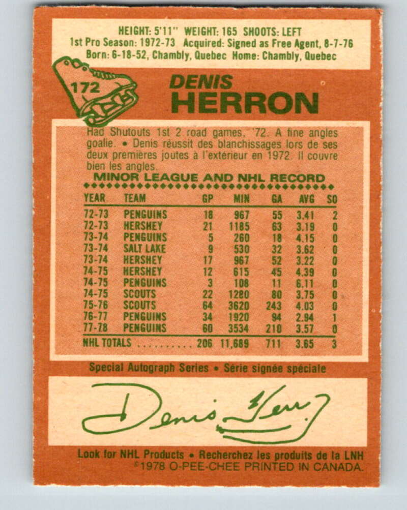 1978-79 O-Pee-Chee #172 Denis Herron Pittsburgh Penguins V23282