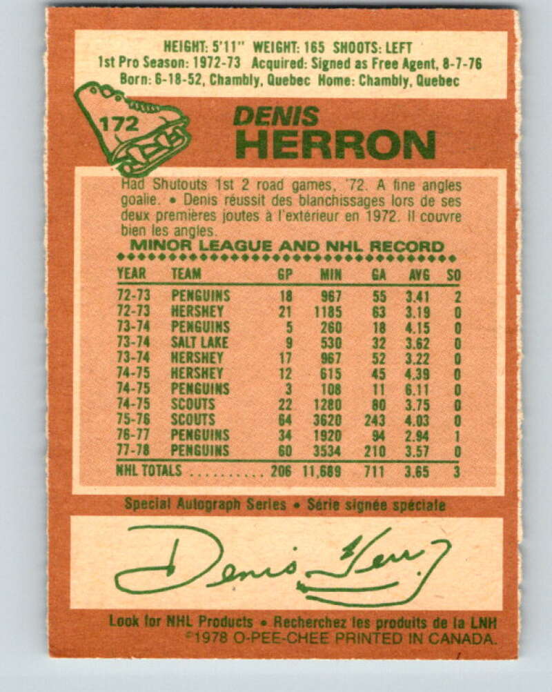 1978-79 O-Pee-Chee #172 Denis Herron Pittsburgh Penguins V23284