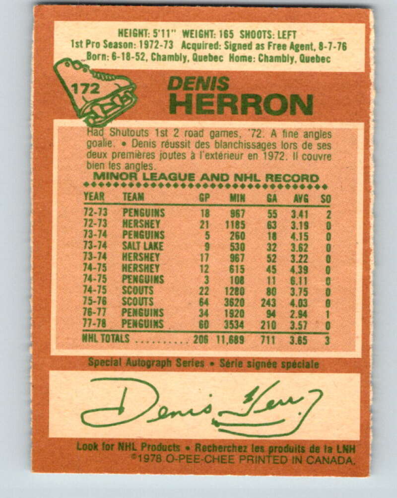 1978-79 O-Pee-Chee #172 Denis Herron Pittsburgh Penguins V23285
