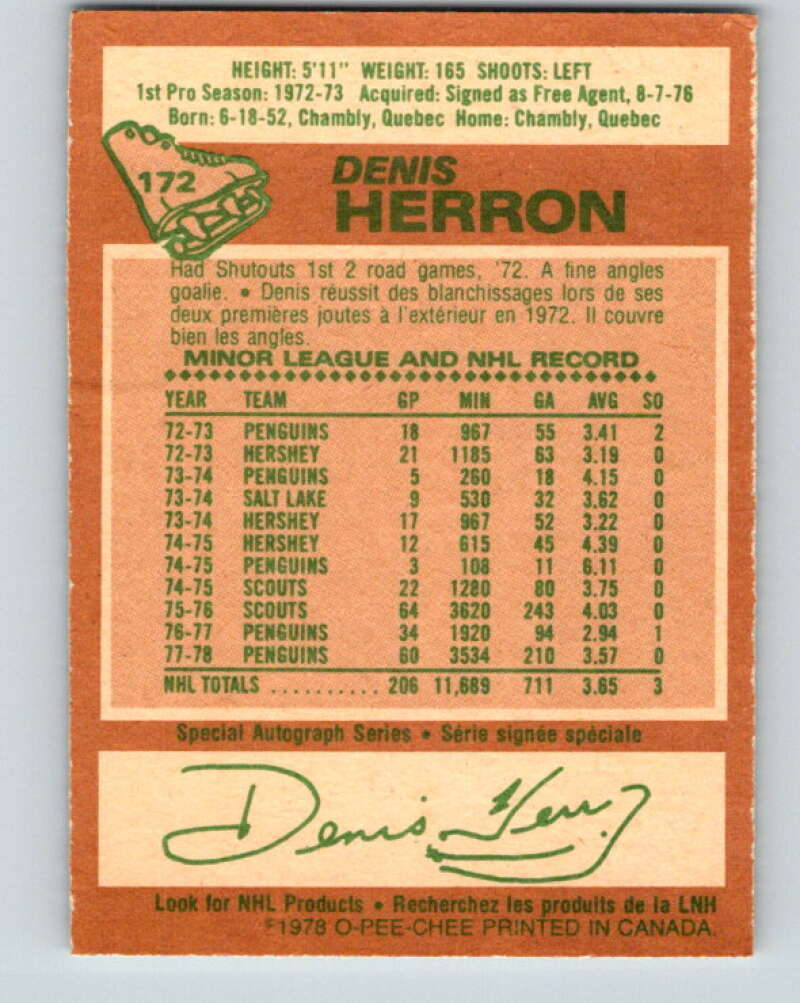 1978-79 O-Pee-Chee #172 Denis Herron Pittsburgh Penguins V23286