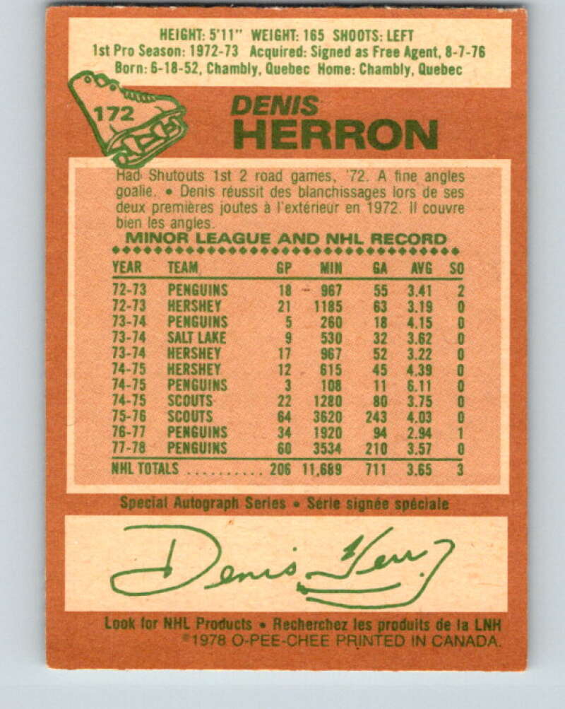 1978-79 O-Pee-Chee #172 Denis Herron Pittsburgh Penguins V23287