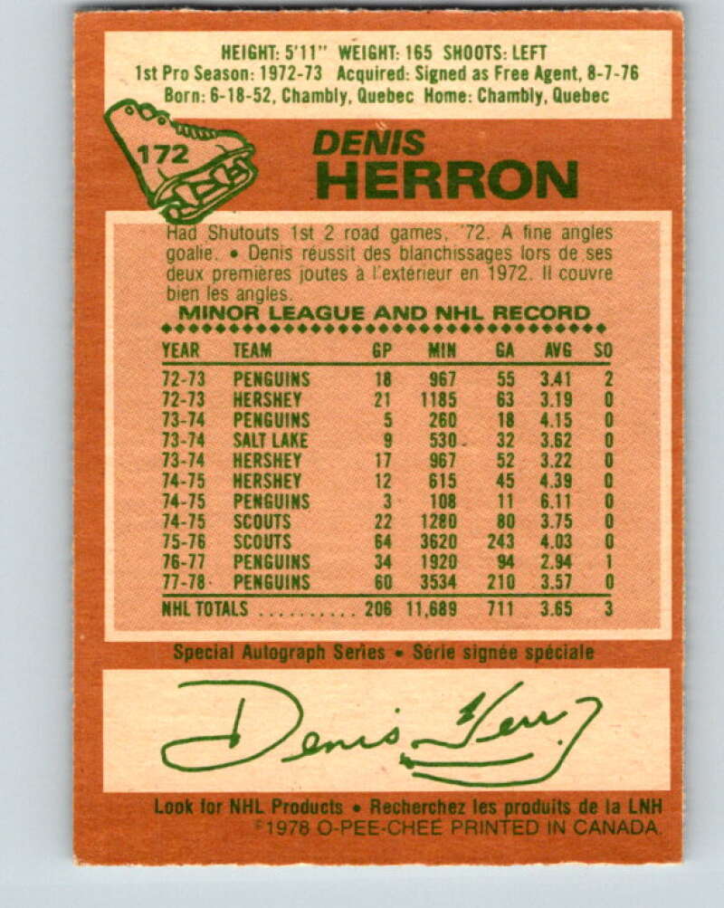 1978-79 O-Pee-Chee #172 Denis Herron Pittsburgh Penguins V23288