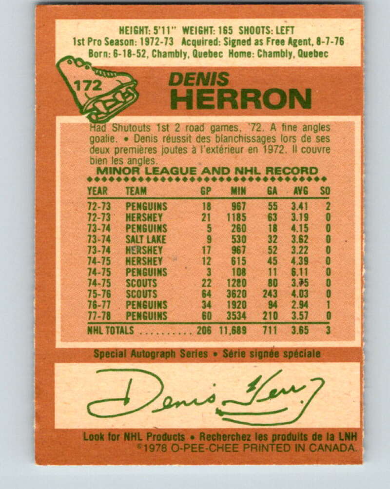 1978-79 O-Pee-Chee #172 Denis Herron Pittsburgh Penguins V23289