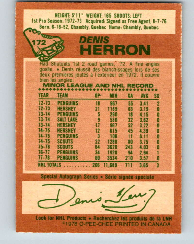 1978-79 O-Pee-Chee #172 Denis Herron Pittsburgh Penguins V23290