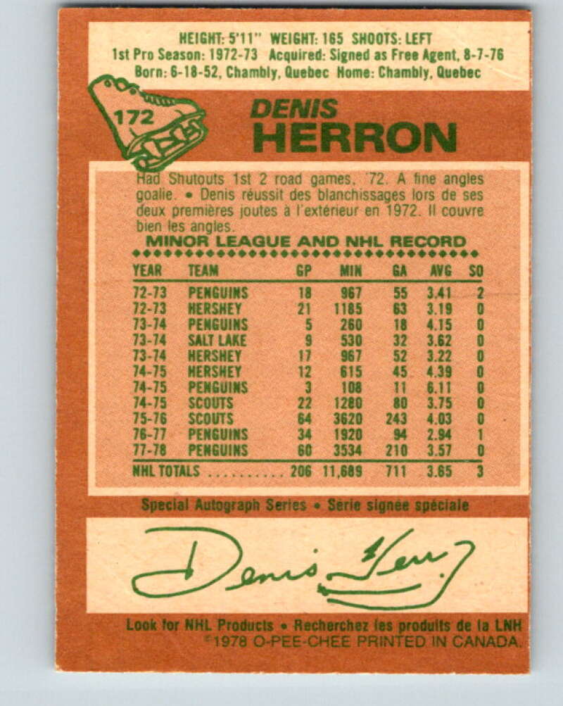 1978-79 O-Pee-Chee #172 Denis Herron Pittsburgh Penguins V23292