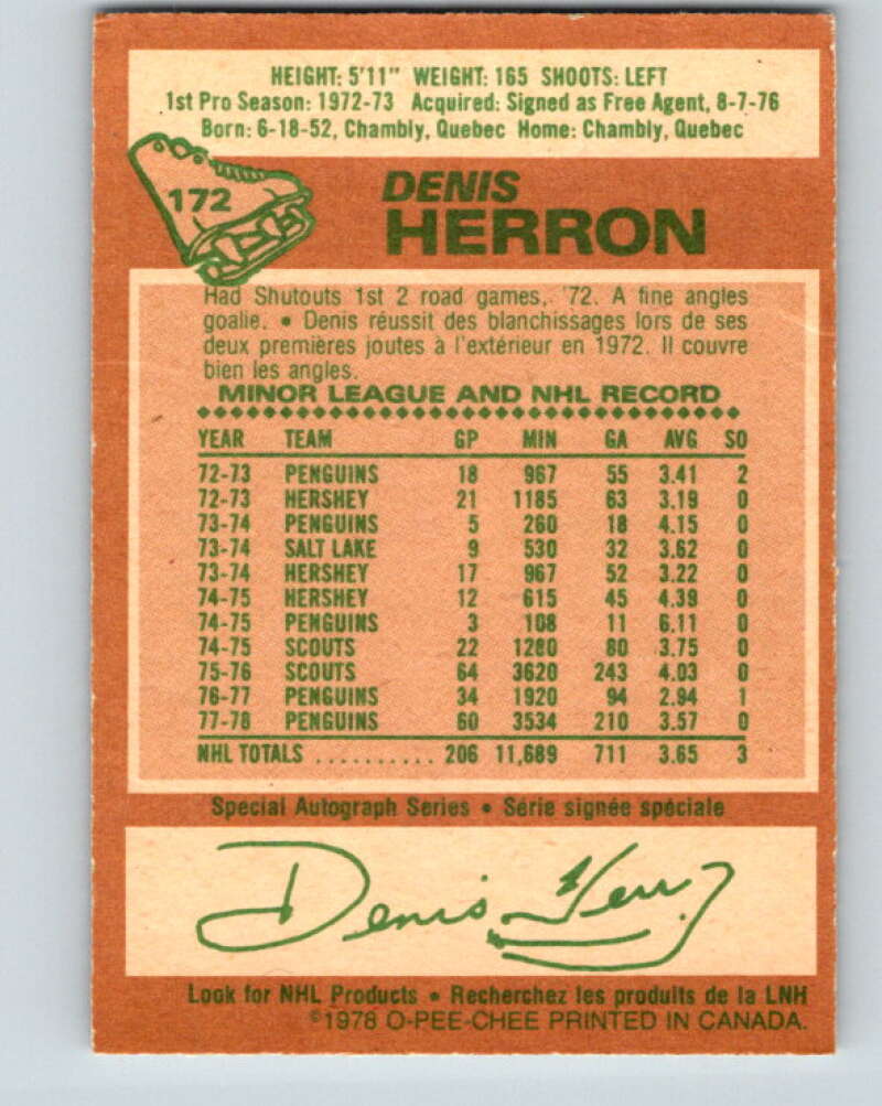 1978-79 O-Pee-Chee #172 Denis Herron Pittsburgh Penguins V23294