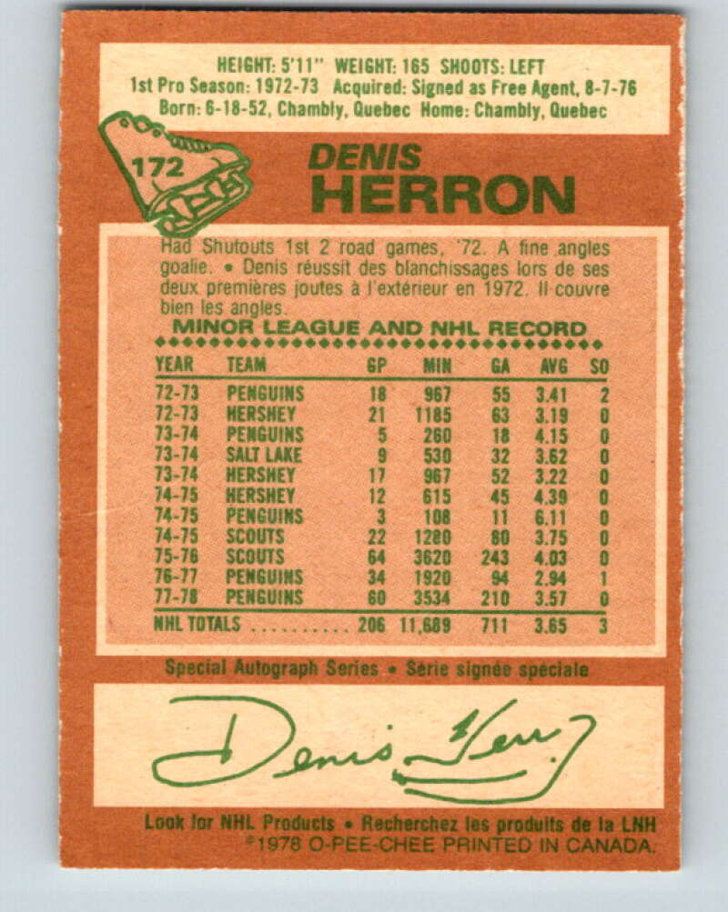 1978-79 O-Pee-Chee #172 Denis Herron Pittsburgh Penguins V23295