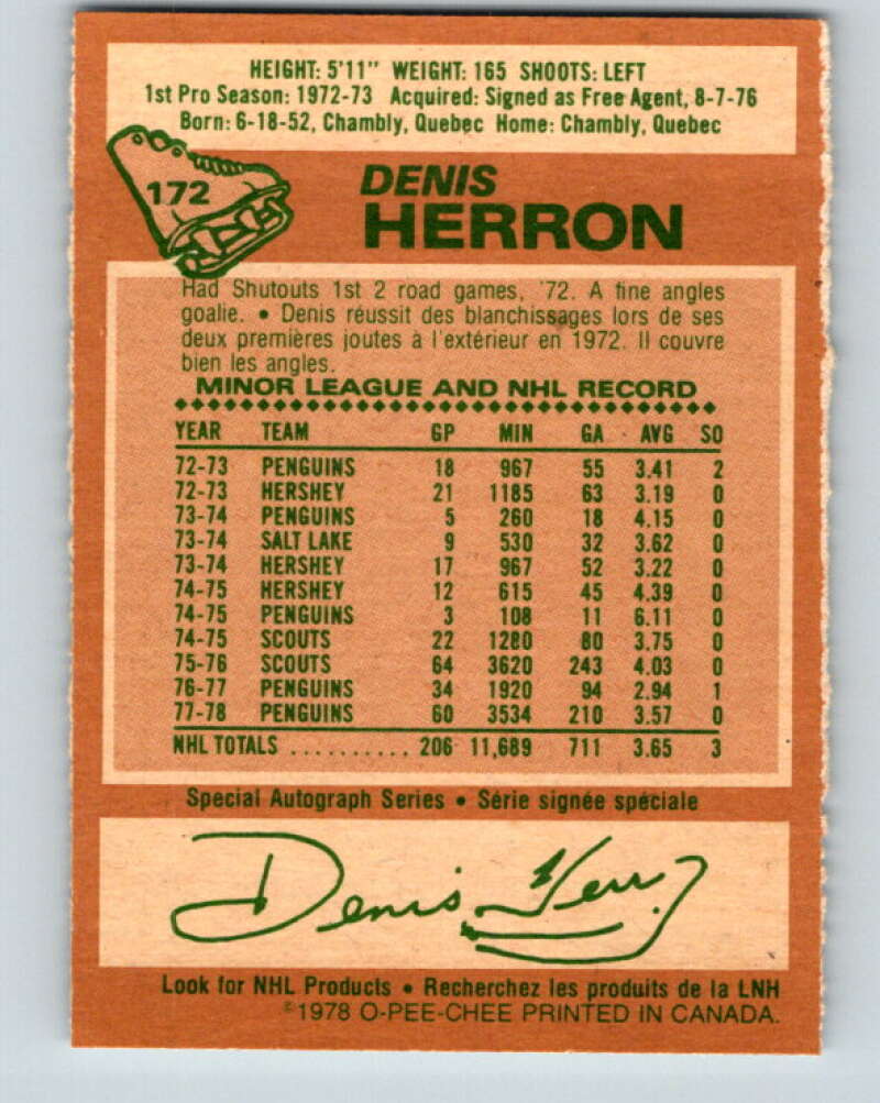 1978-79 O-Pee-Chee #172 Denis Herron Pittsburgh Penguins V23296