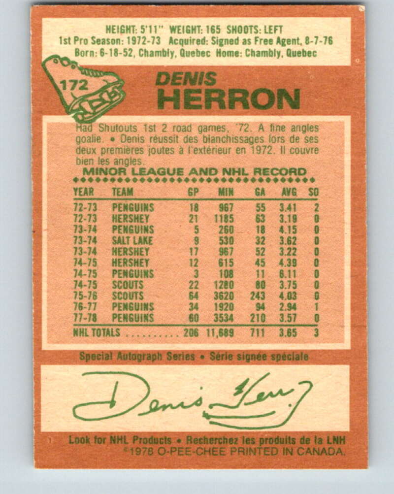 1978-79 O-Pee-Chee #172 Denis Herron Pittsburgh Penguins V23297