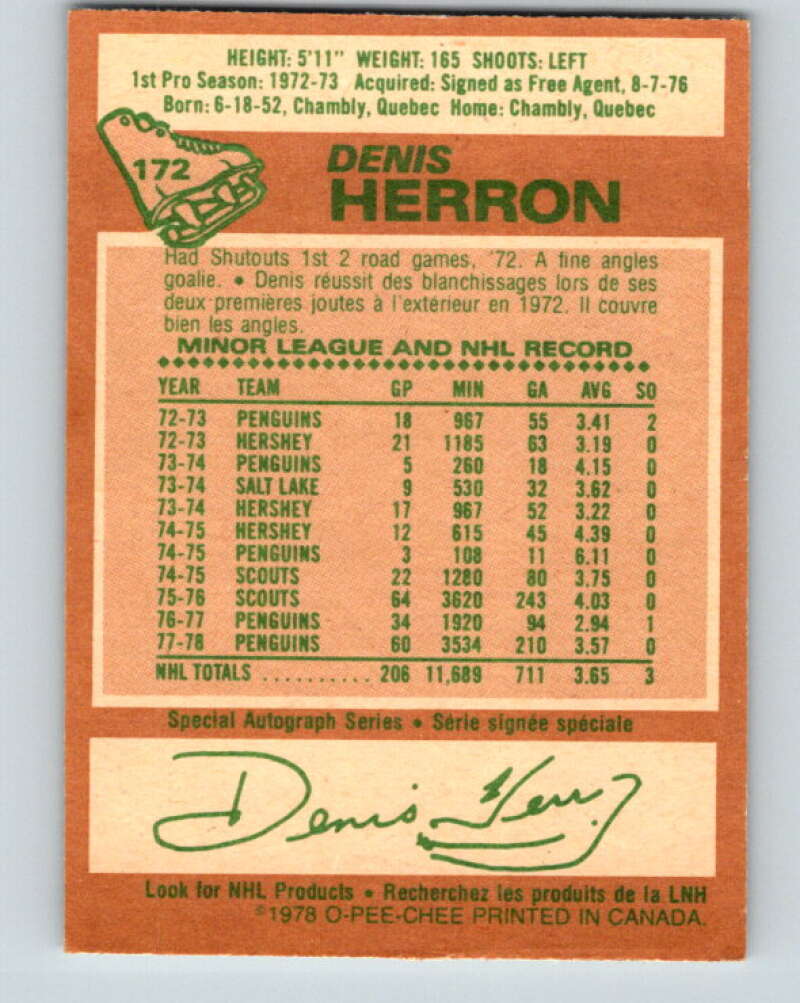 1978-79 O-Pee-Chee #172 Denis Herron Pittsburgh Penguins V23298