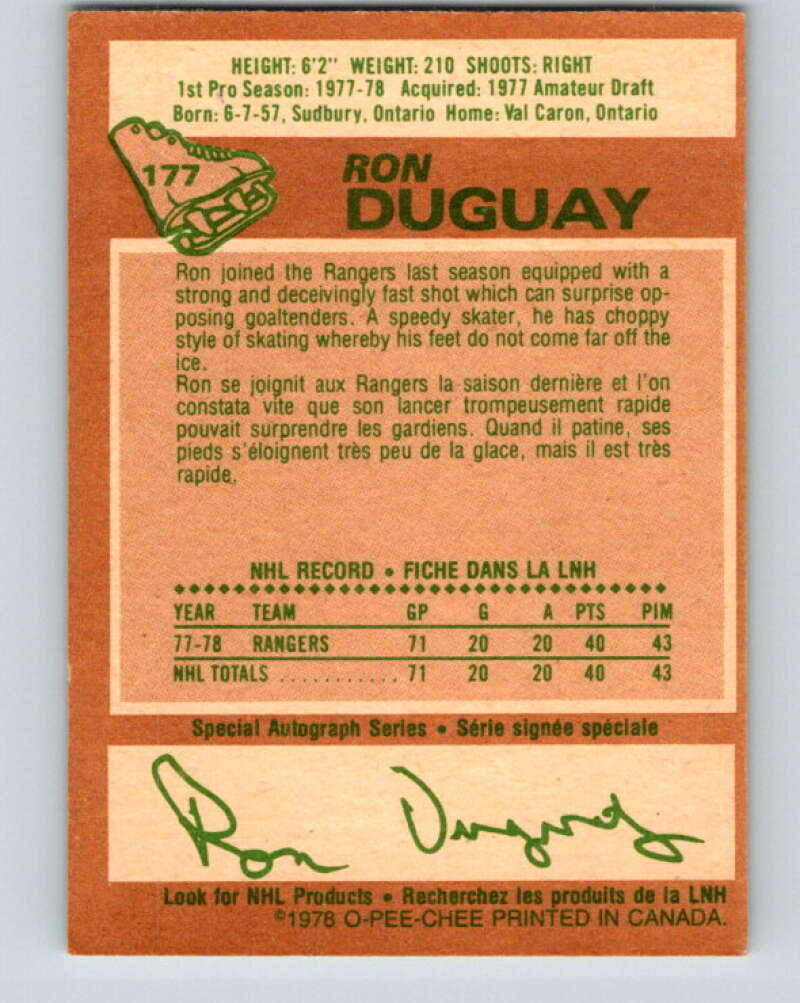 1978-79 O-Pee-Chee #177 Ron Duguay RC Rookie Rangers V23378